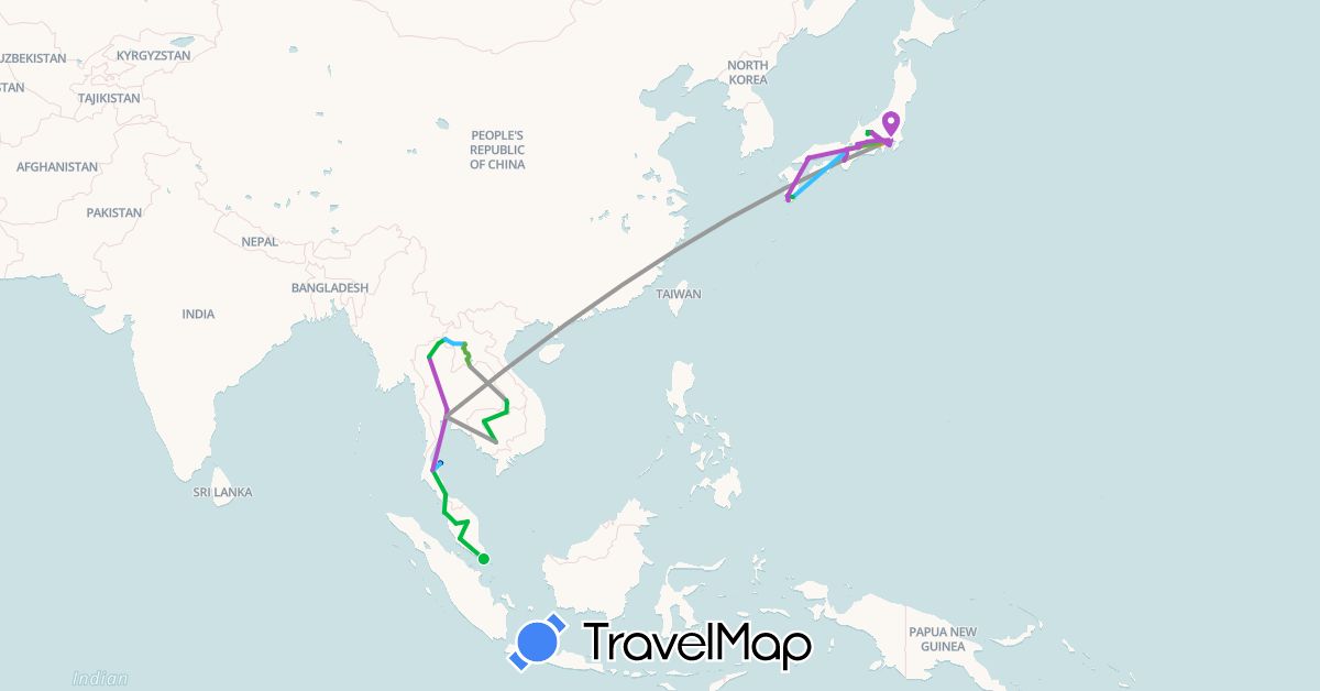 TravelMap itinerary: driving, bus, plane, train, hiking, boat, bus de nuit, bus + marche in Japan, Cambodia, Laos, Malaysia, Singapore, Thailand (Asia)